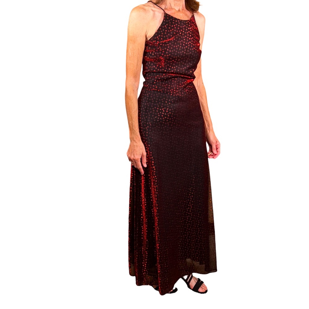 Betsey & Adam High Neckline Copper Red Shimmering Maxi Prom Cocktail Dre…
